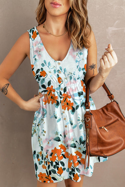 White Gray Floral Printed Sleeveless Button Up High Waist Mini Dress