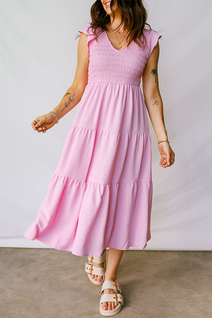 Pink Smocked Bodice Flutter Sleeve Fit Flare Tiered Midi Dress