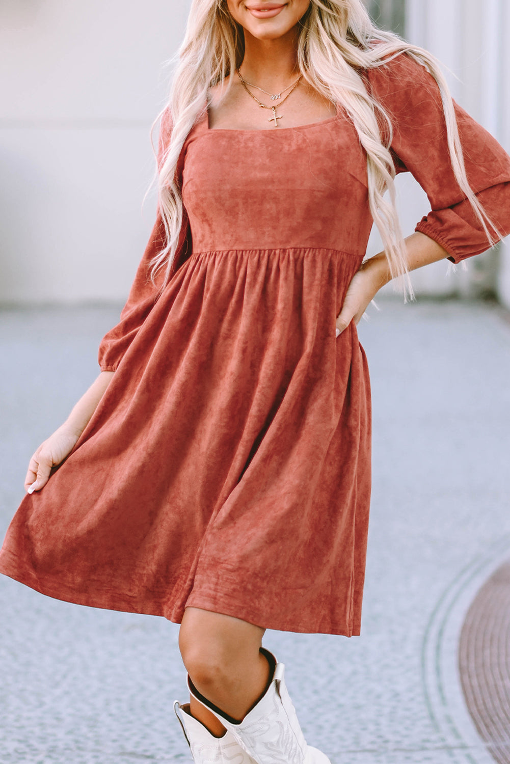 Brown Suede Square Neck Puff Sleeve