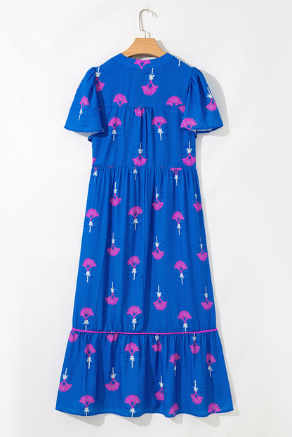 Blue Floral Print Notched Neck Butterfly Sleeve Shift Long Dress