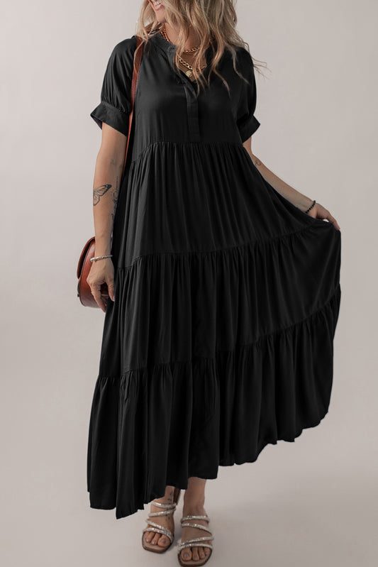 Black Hidden Buttons Short Sleeve Ruffle Tiered Long Flared Dress