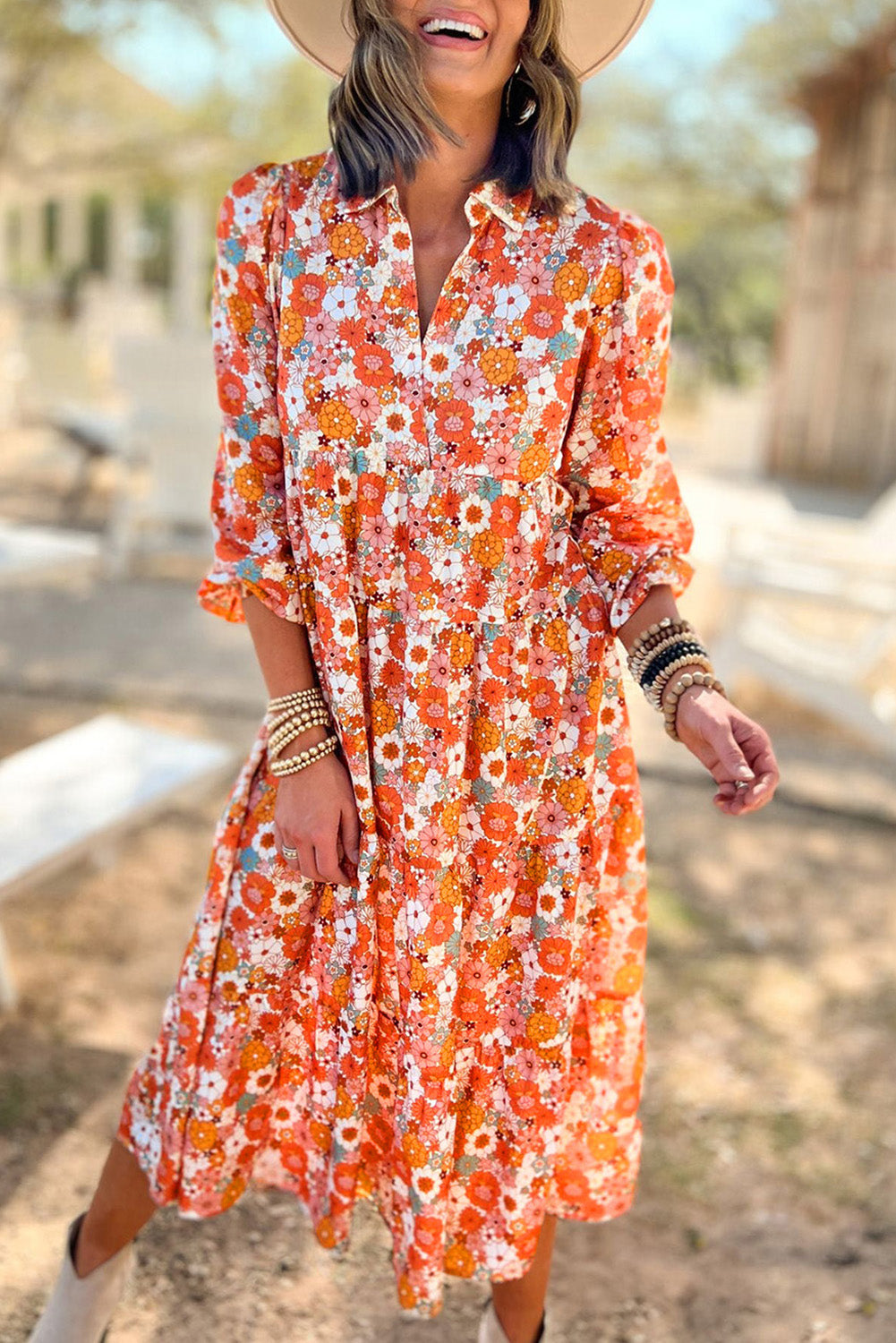 Multicolor Boho Floral Collared Long Sleeve 