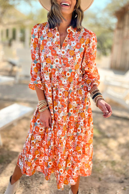 Multicolor Boho Floral Collared Long Sleeve 