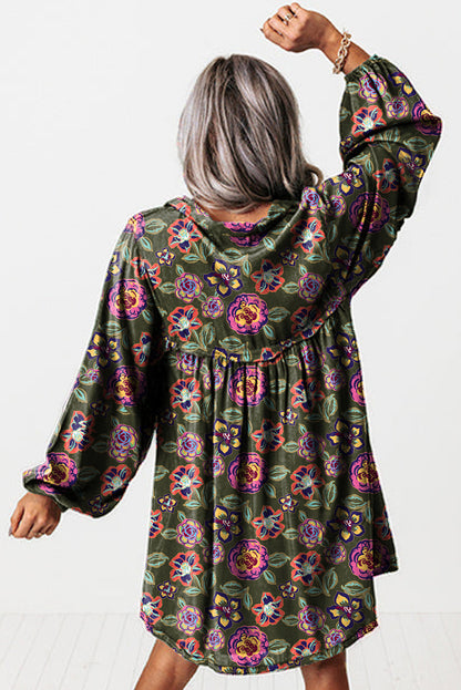 Green Floral Print Split Neck Bubble Sleeve Shift Mini Dress