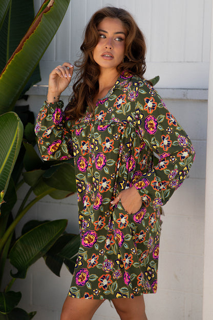 Green Floral Print Split Neck Bubble Sleeve Shift Mini Dress