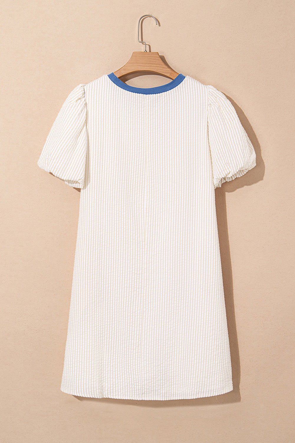 Beige Stripe Seersucker Contrast Round Neck Puff Sleeve T Shirt Dress