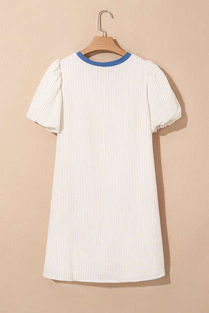 Beige Stripe Seersucker Contrast Round Neck Puff Sleeve T Shirt Dress
