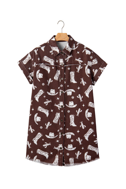 Brown Cowgirl Hats Boots Cactus Print Raw Edge Button Down Short Denim Dress