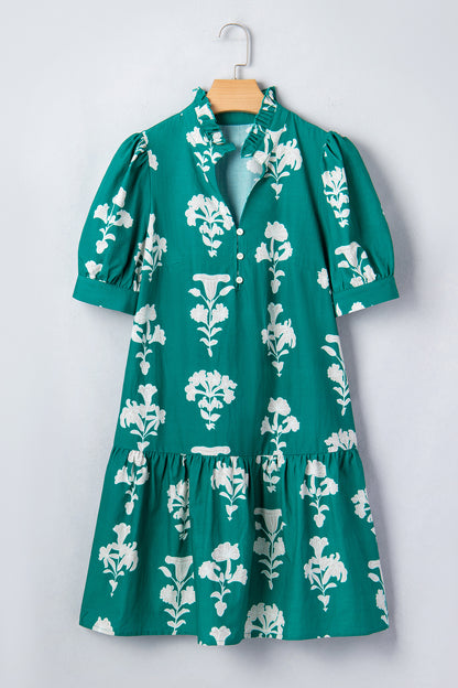 Black Frilled V Neck Puff Short Sleeve Floral Mini Dress