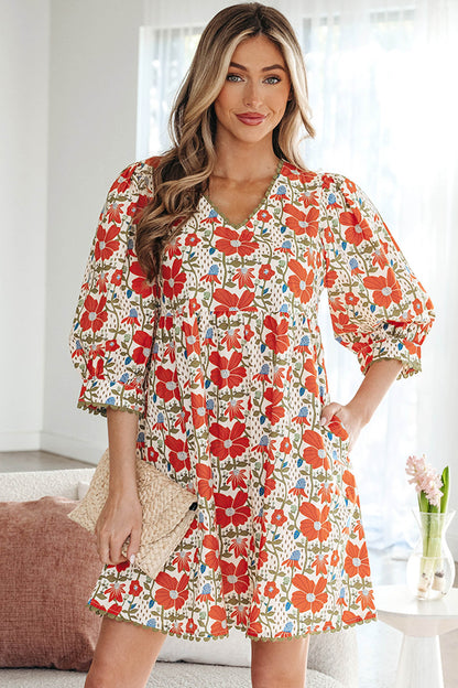Red Floral Print Ricrac Trim V Neck 3/4 Sleeve Loose Mini Dress