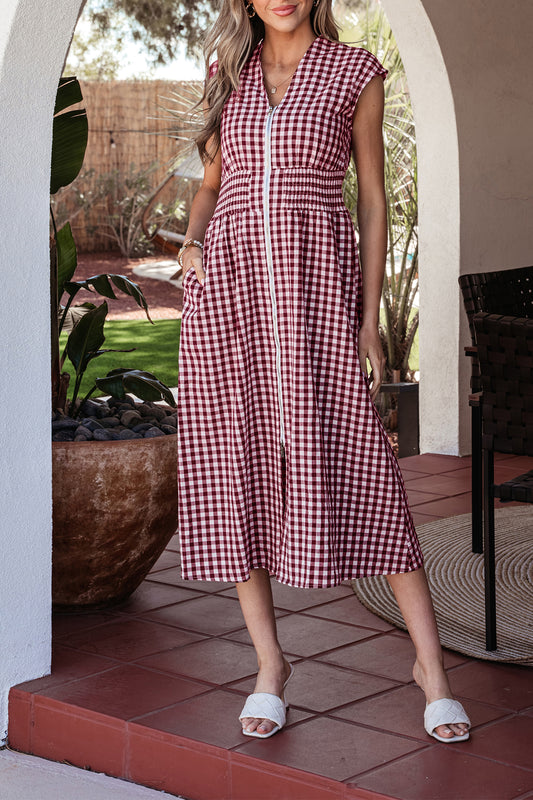 Red Plaid Print Full Zipper Cinched Waist Fit Flare Sleeveless Maxi Dress