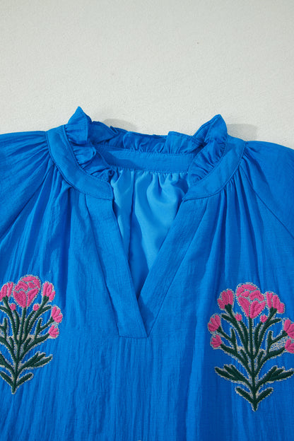 Blue Flower Embroidered Split Neck Short Puff Sleeve Ruffle Hem Dress