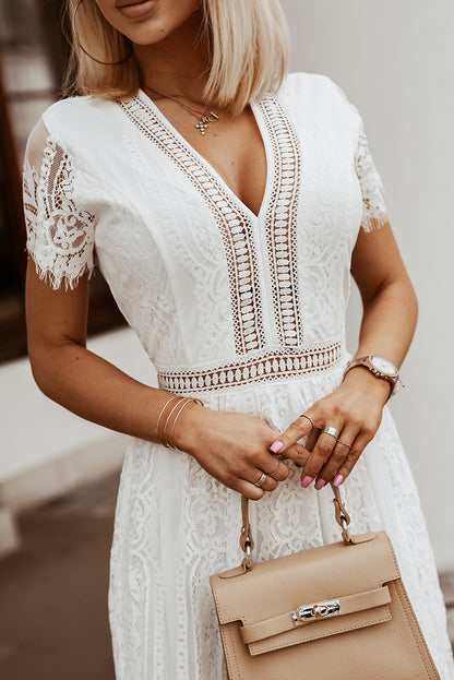 White V Neck High Waist Lace