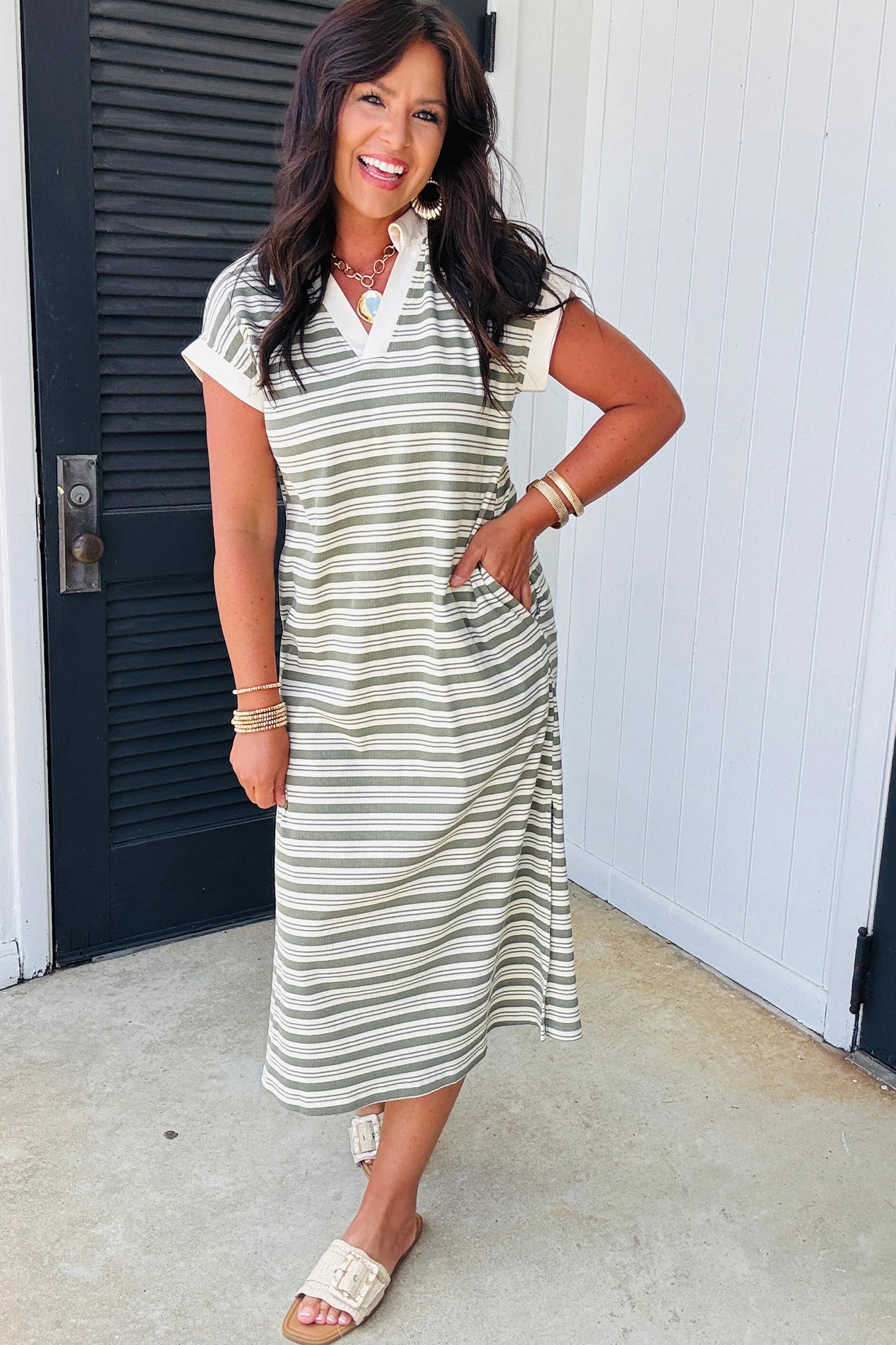 Green Stripe Collared V Neck Short Sleeve T Shirt Midi Dress with Pockets