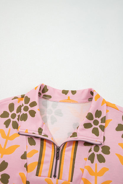 Pink Floral Print Zip Neck Striped Patchwork Long Sleeve Drawstring Dress