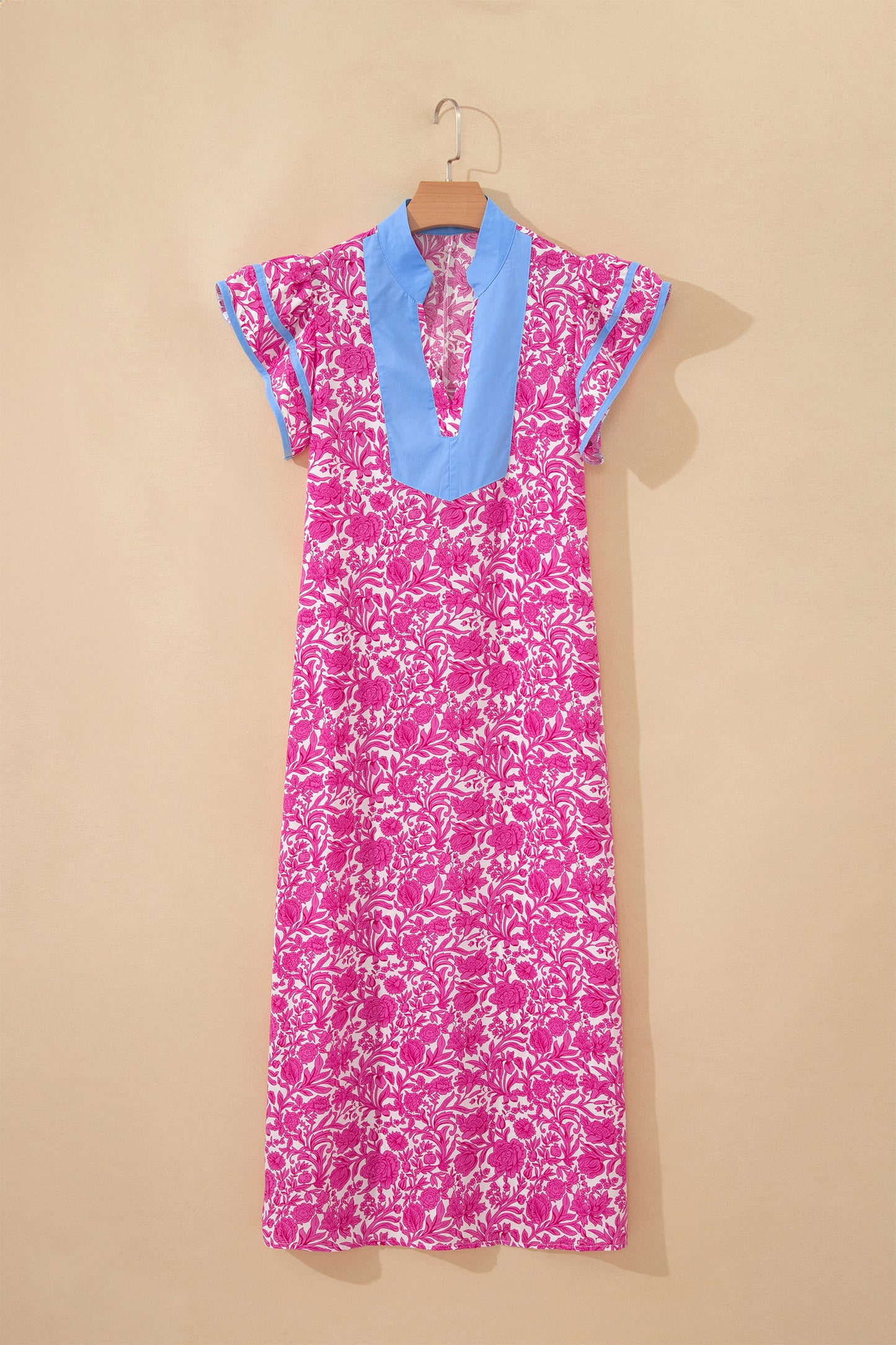 Green Floral Print Color Block Patchwork V Neck Short Sleeve Midi Dress