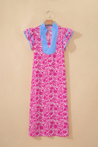 Green Floral Print Color Block Patchwork V Neck Short Sleeve Midi Dress