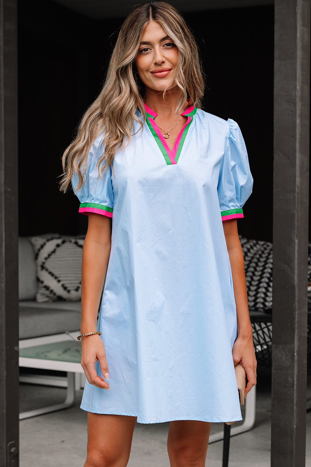 Myosotis Contrast Striped Notched V Neck Puff Sleeve Mini Dress