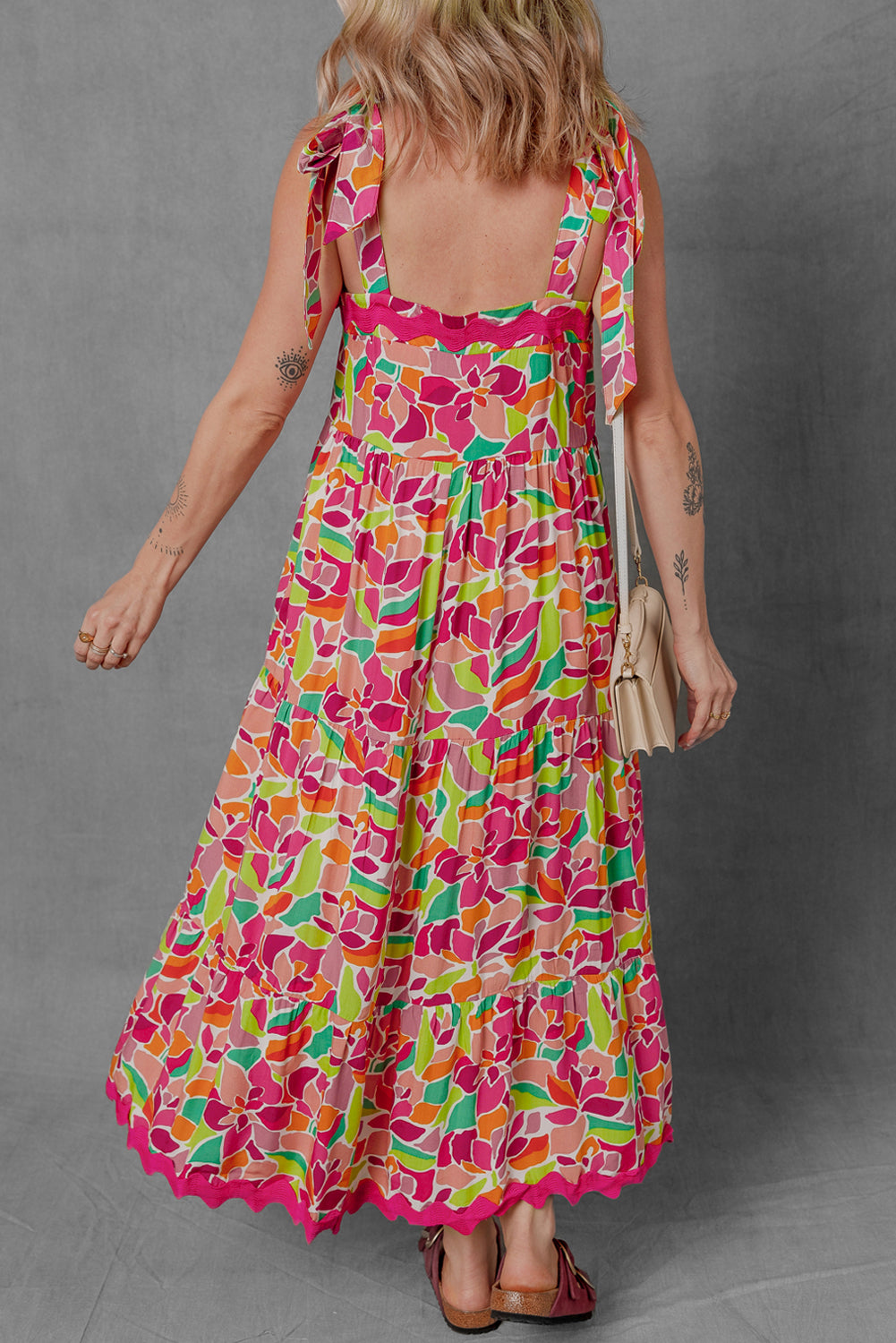 Multicolour Floral Tied Straps Ricrac Trim Maxi Dress