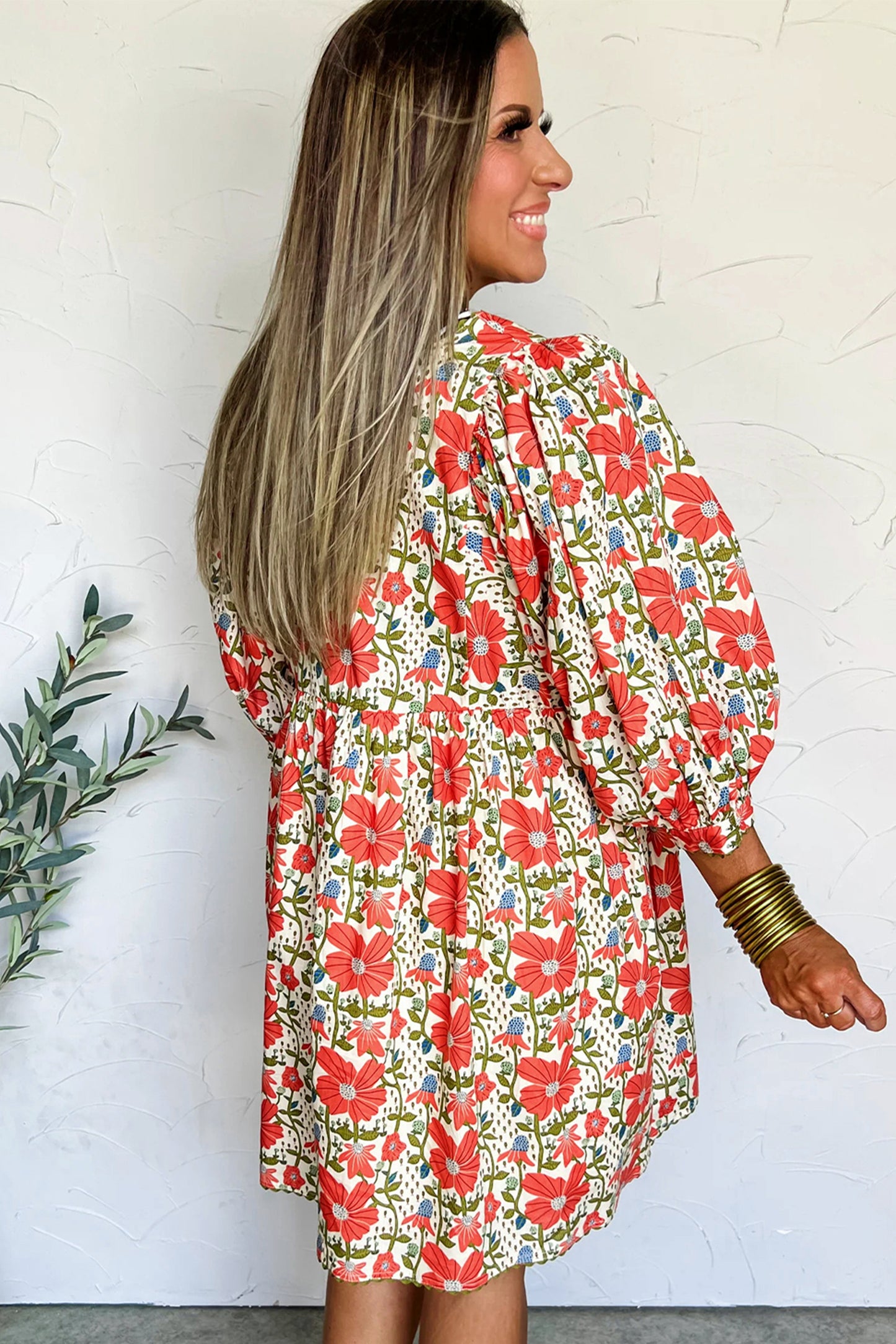 Red Floral Print Ricrac Trim V Neck 3/4 Sleeve Loose Mini Dress
