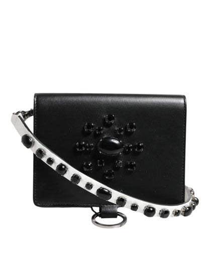 Dolce & Gabbana Black Leather Crystal Embellished Card Holder Wallet