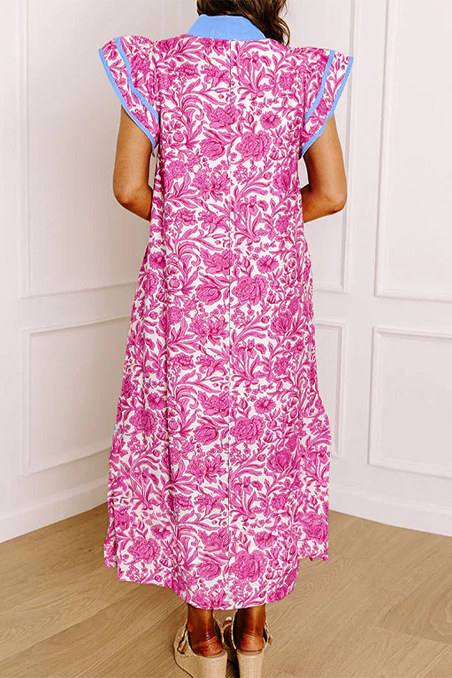 Green Floral Print Color Block Patchwork V Neck Short Sleeve Midi Dress