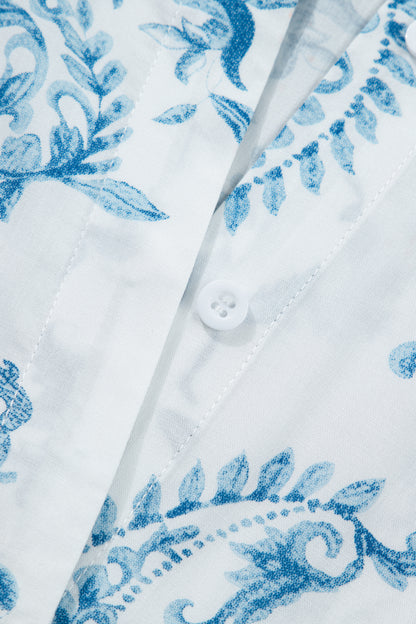 Sky Blue Plus Size Geometric Floral Print Button Split Neck Short Sleeve Maxi Dress