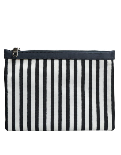 Dolce & Gabbana Black White Striped Logo Plaque Clutch Pouch Bag