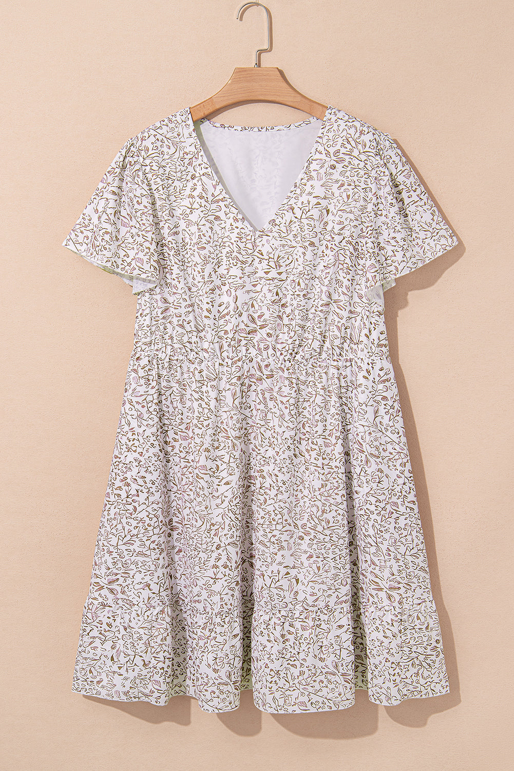 White Floral V Neck Ruffled Short Sleeve Plus Size Dress