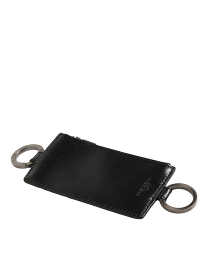 Dolce & Gabbana Black Leather Logo Embossed Lanyard Card Holde Wallet