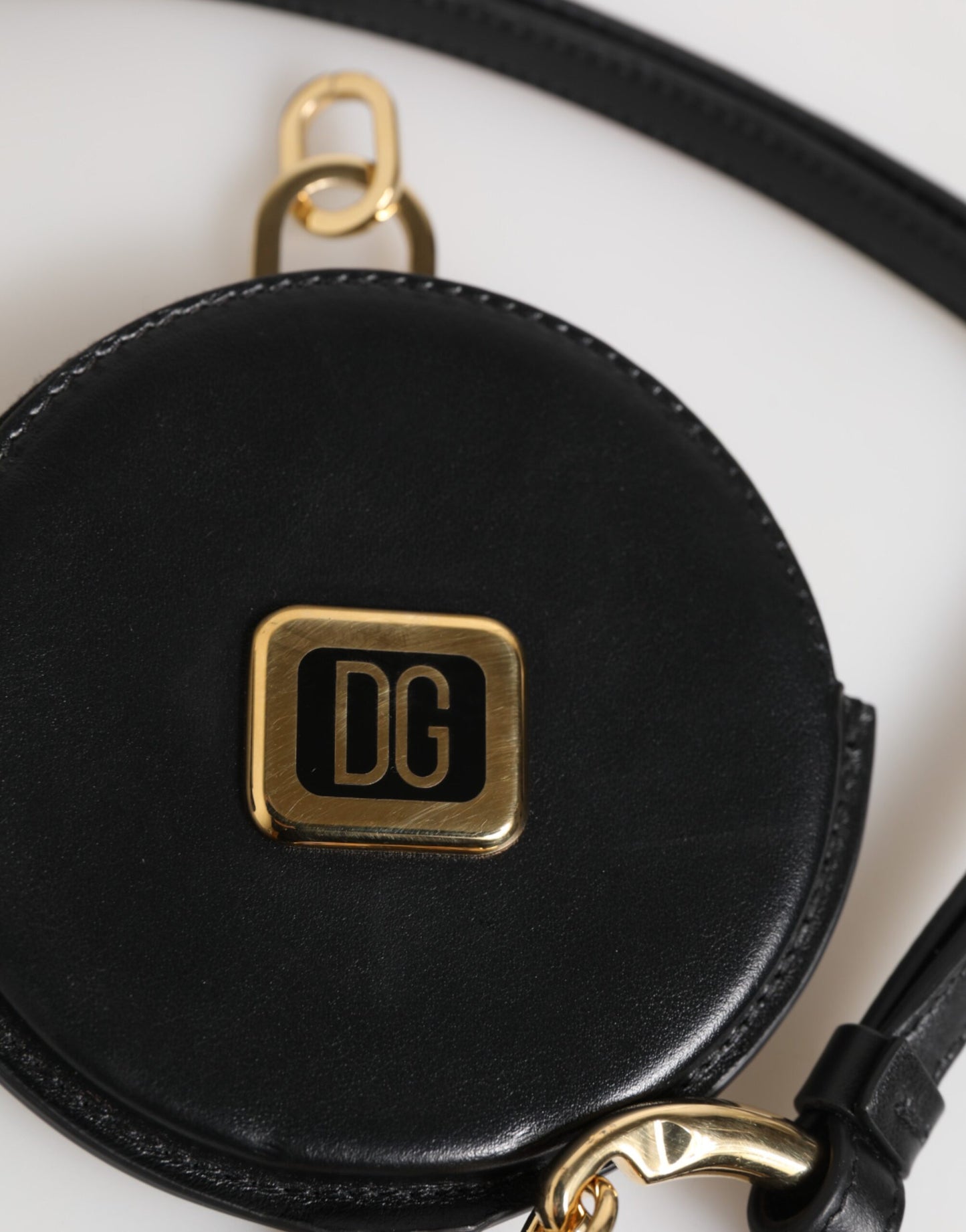 Dolce & Gabbana Black Round Leather DG Logo Coin Purse Lanyard Wallet