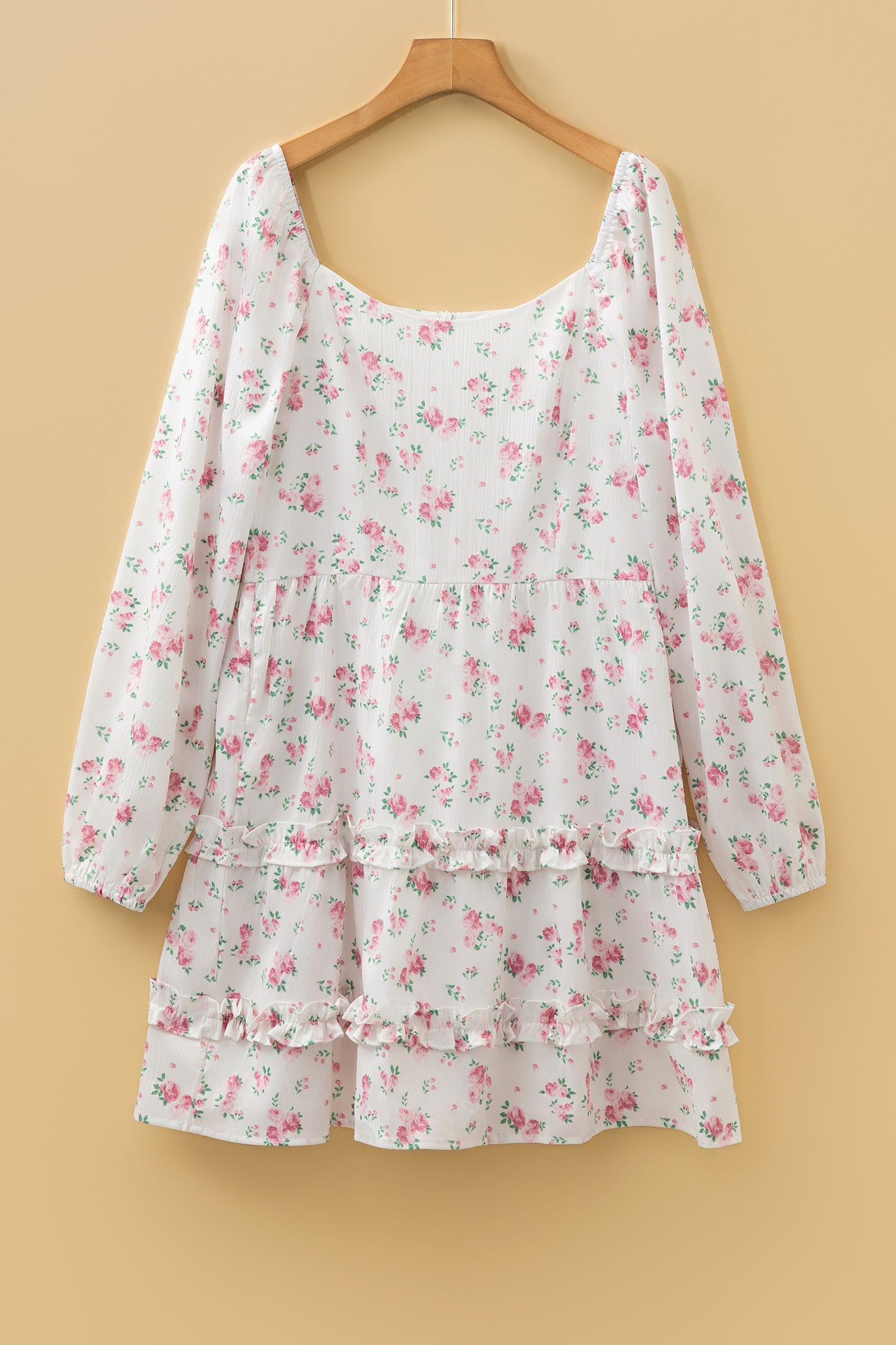 Pink Floral Print Long Sleeve Ruffle Detail Flared Mini Dress