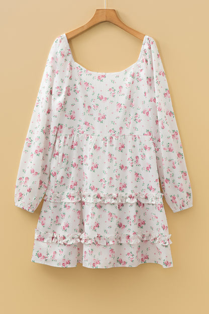 Pink Floral Print Long Sleeve Ruffle Detail Flared Mini Dress