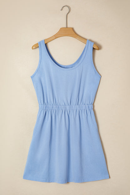 Sky Blue Mineral Wash Elastic Waist Tank Dress with Side Pockets