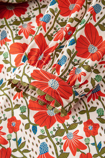 Red Floral Print Ricrac Trim V Neck 3/4 Sleeve Loose Mini Dress