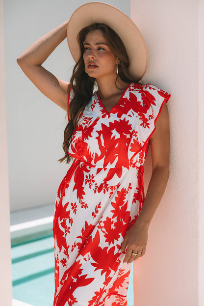 Red Floral Print Trimmed V Neck Ruffle Sleeve Long Dress