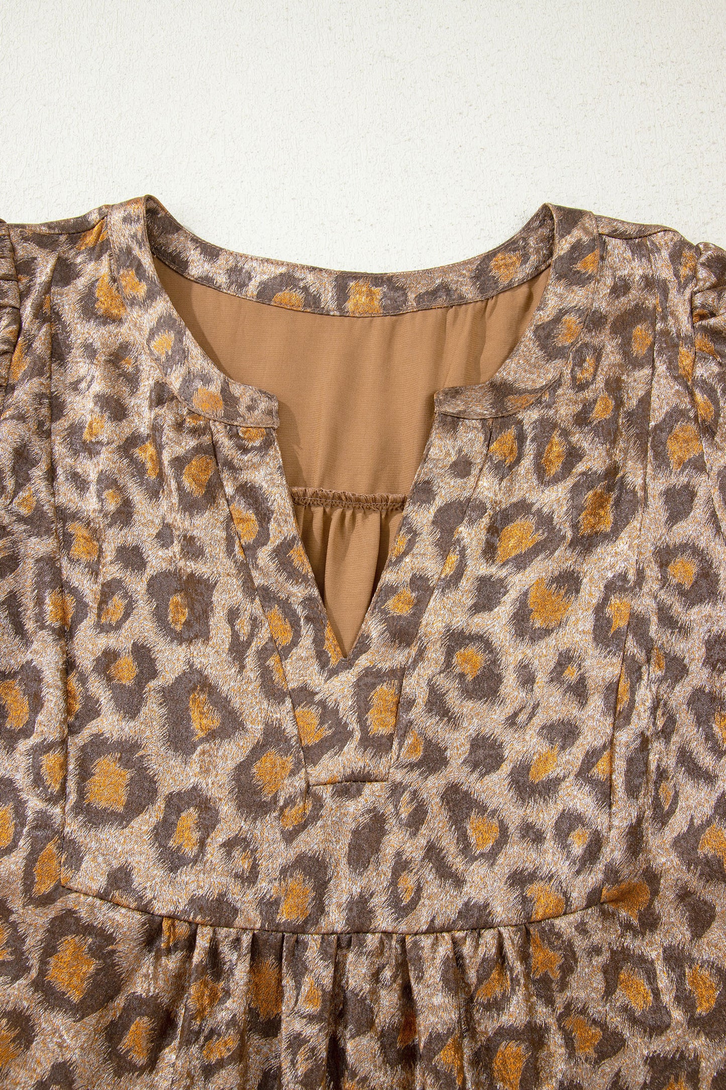 Khaki Leopard Print V Neck Ruffled Sleeve Tiered Loose Mini Dress