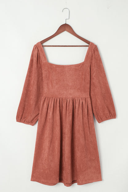 Brown Suede Square Neck Puff Sleeve