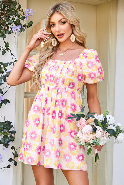 Rose Vibrant Floral Square Neck Puff Sleeve Pleated Flared Midi Dress