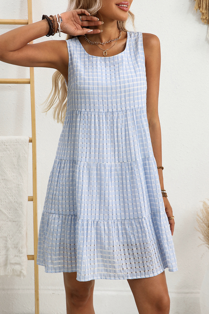 Light Blue Plaid Tiered A-line Sleeveless Mini Sundress