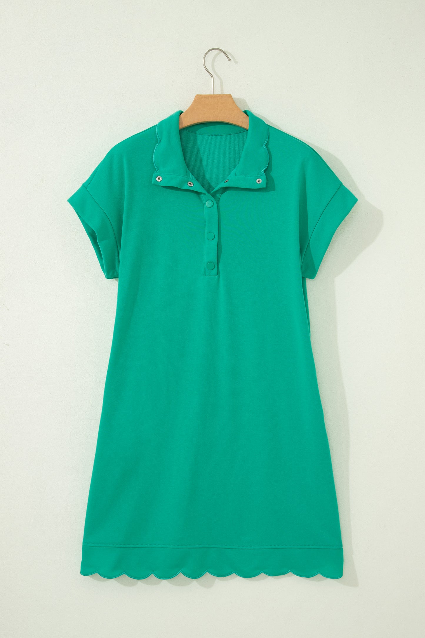 Beau Blue Solid Color Snap Button Polo Collar Short Sleeve Scallop Hem Mini Dress