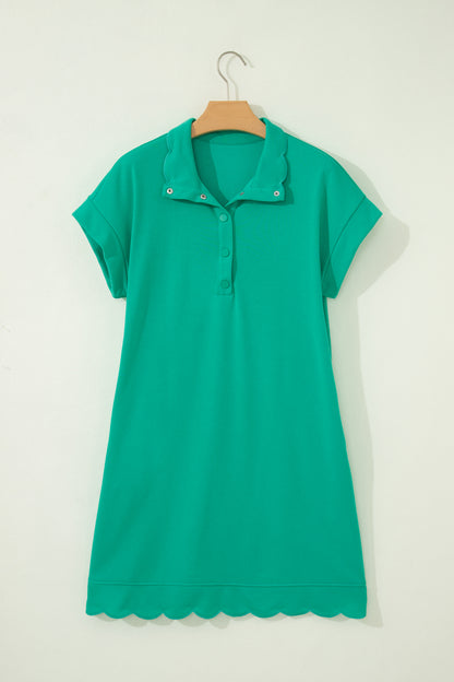 Beau Blue Solid Color Snap Button Polo Collar Short Sleeve Scallop Hem Mini Dress