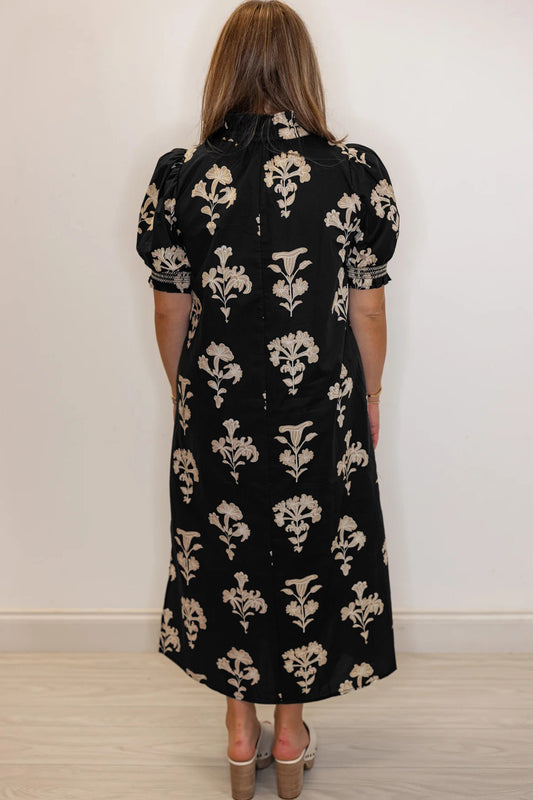 Black Floral Print Frilled Collar Short Puff Sleeve Maxi Dress