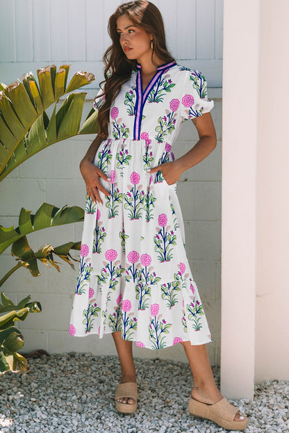 White Floral Puff Short Sleeve V Neck High Waist Maxi Dress