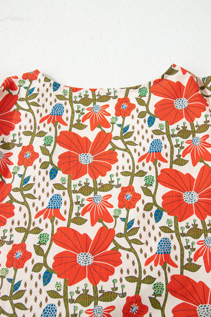 Red Floral Print Ricrac Trim V Neck 3/4 Sleeve Loose Mini Dress