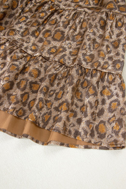 Khaki Leopard Print V Neck Ruffled Sleeve Tiered Loose Mini Dress