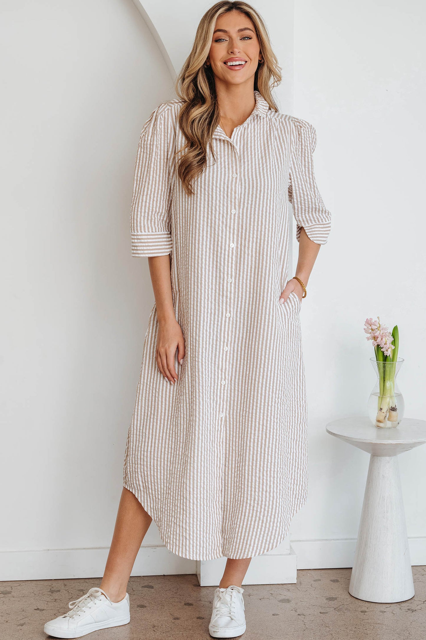 Khaki Stripe Frilled Collar Half Sleeve Shirt Maxi Dress