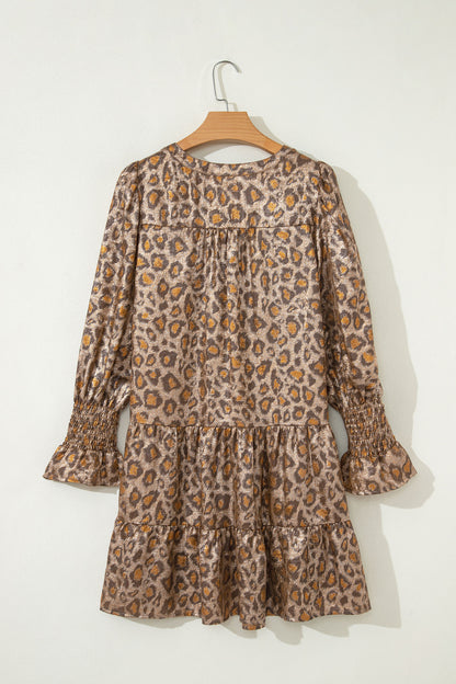 Khaki Leopard Print V Neck Ruffled Sleeve Tiered Loose Mini Dress