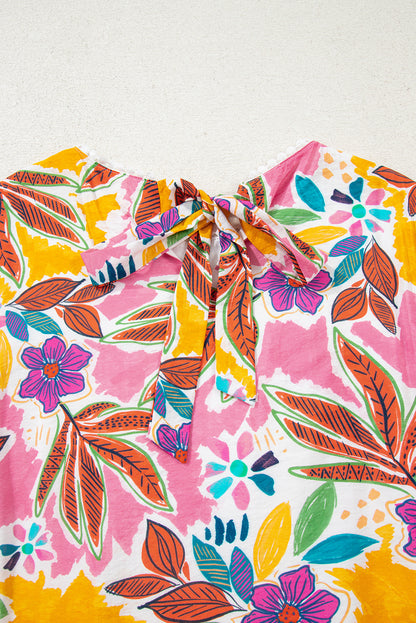 Pink Floral Print Lace Trimmed Tie Back Bell Sleeve Swing Mini Dress