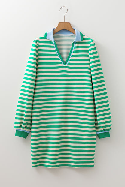 Green Striped Contrast Collar Split Neck Long Sleeve Mini Dress